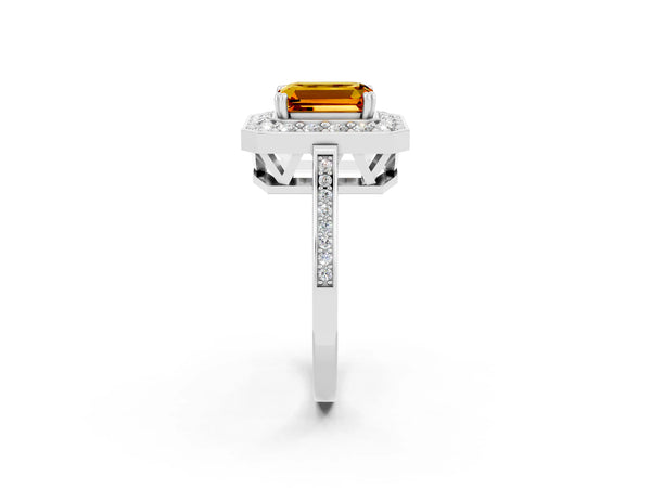 Platinum Emerald Cut Citrine Halo Ring with Split Shank and Four-Prong Setting