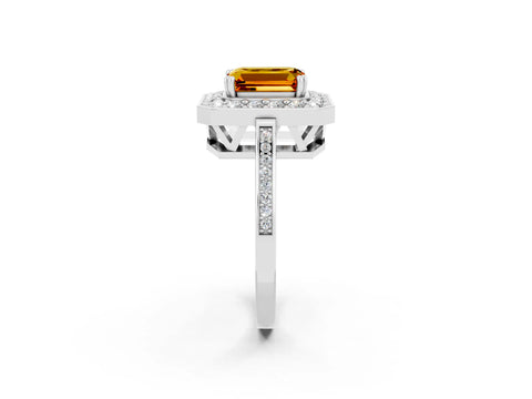 White gold Emerald Cut Citrine Halo Ring with Split Shank and Four-Prong Setting_2