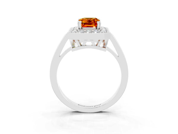 Platinum Emerald Cut Citrine Halo Ring with Split Shank and Four-Prong Setting