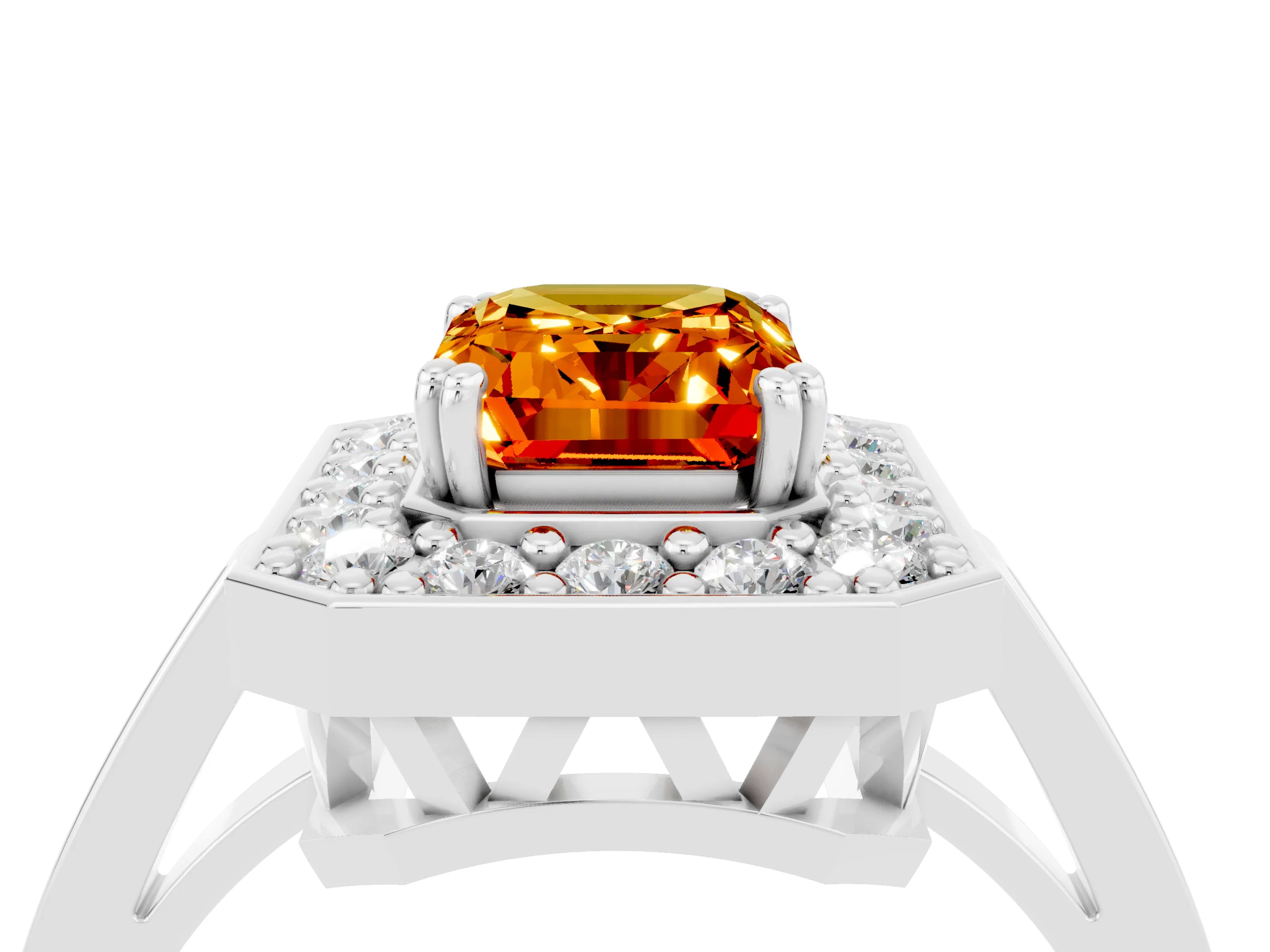 White gold Emerald Cut Citrine Halo Ring with Split Shank and Four-Prong Setting_4