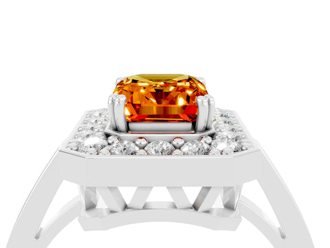 White gold Emerald Cut Citrine Halo Ring with Split Shank and Four-Prong Setting_4