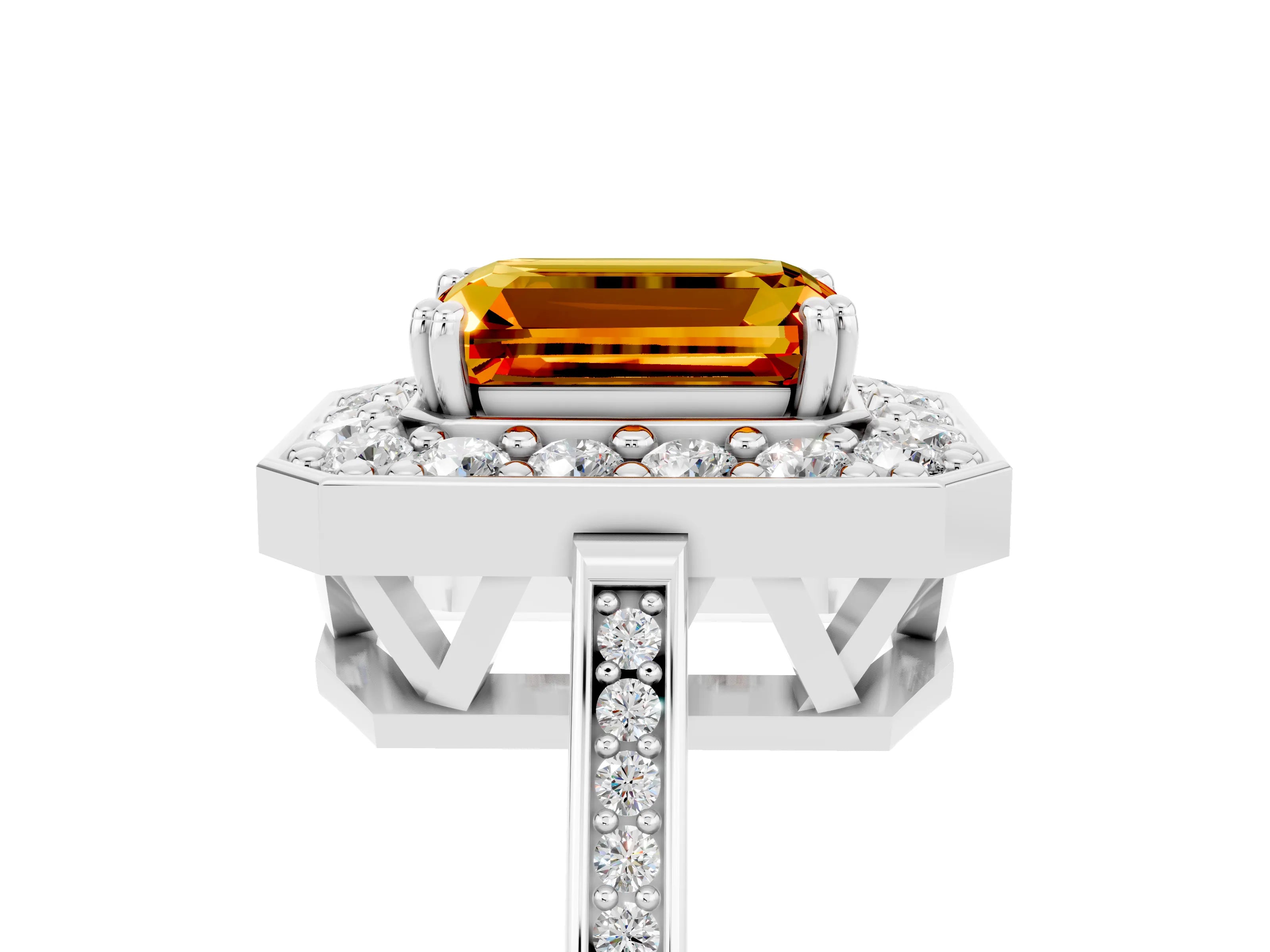 White gold Emerald Cut Citrine Halo Ring with Split Shank and Four-Prong Setting_5