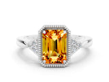 White gold Emerald Cut Citrine Halo Ring with Tapered Band and Four-Prong Setting