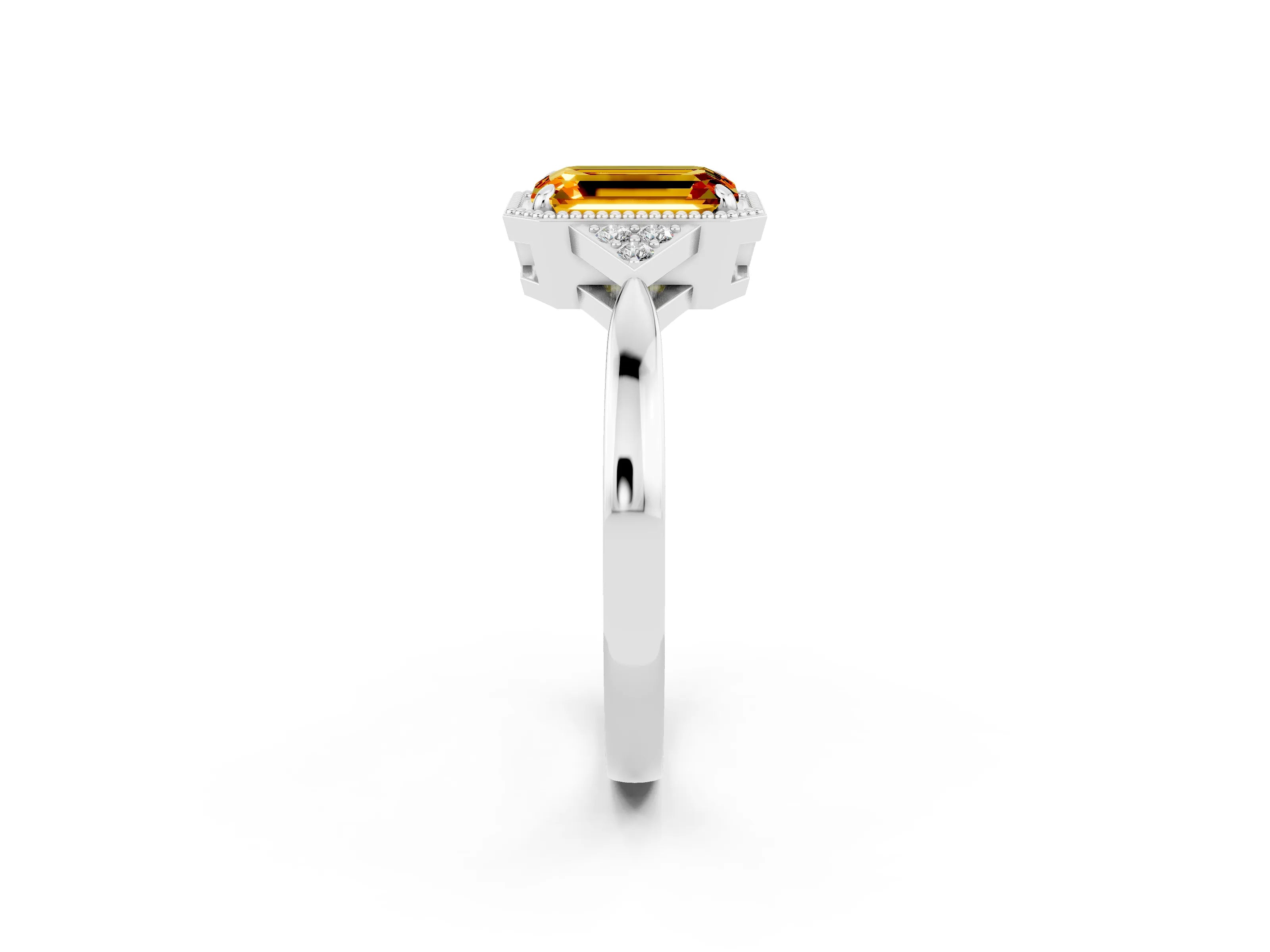 White gold Emerald Cut Citrine Halo Ring with Tapered Band and Four-Prong Setting_2