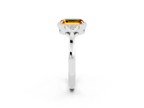 White gold Emerald Cut Citrine Halo Ring with Tapered Band and Four-Prong Setting_2
