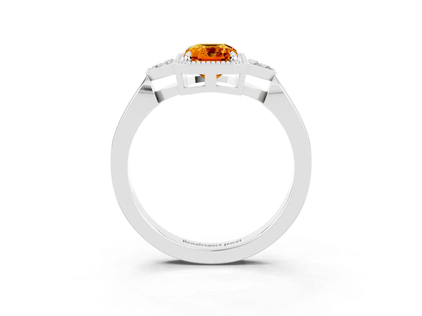 Platinum Emerald Cut Citrine Halo Ring with Tapered Band and Four-Prong Setting