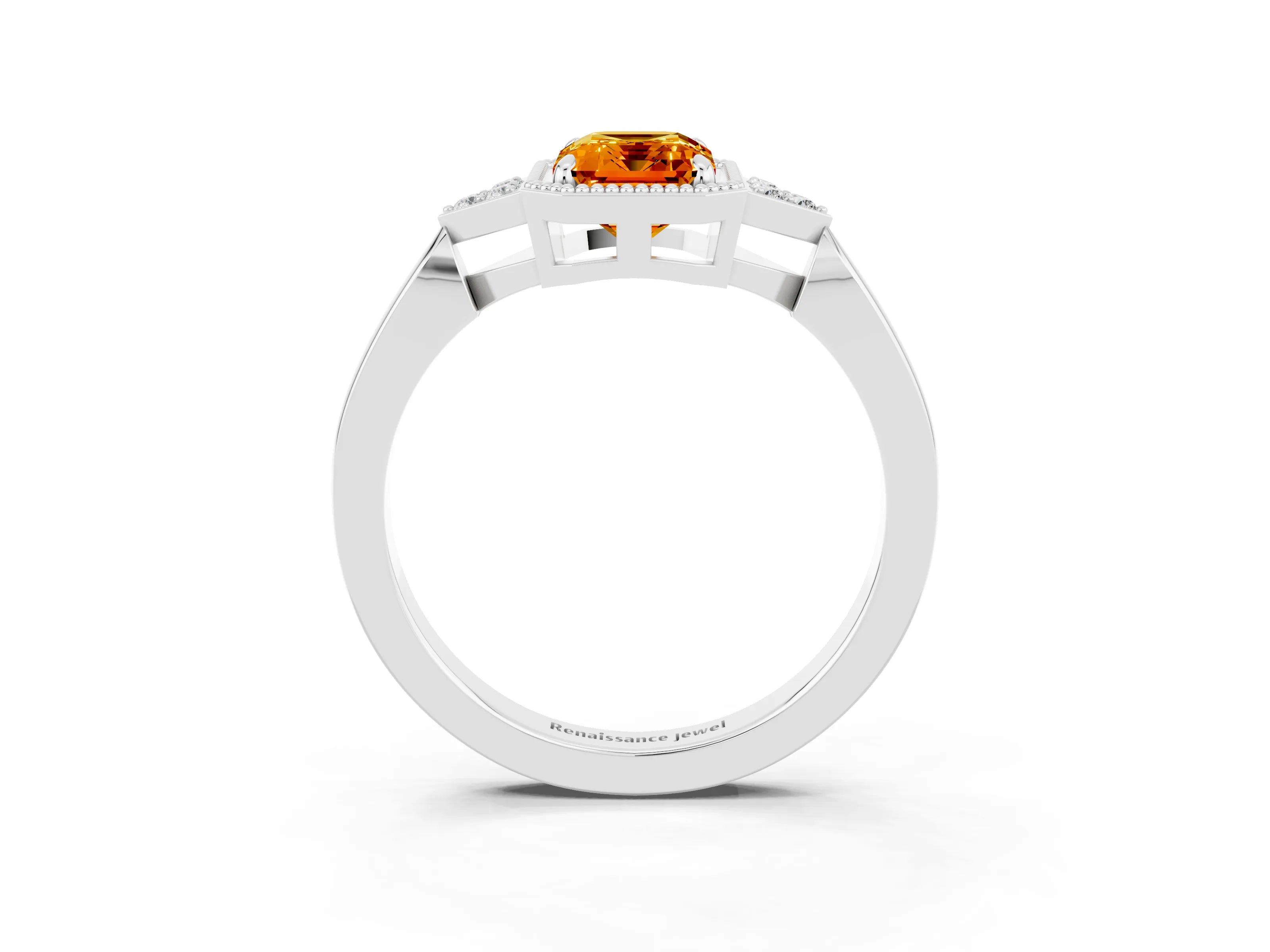 White gold Emerald Cut Citrine Halo Ring with Tapered Band and Four-Prong Setting_3