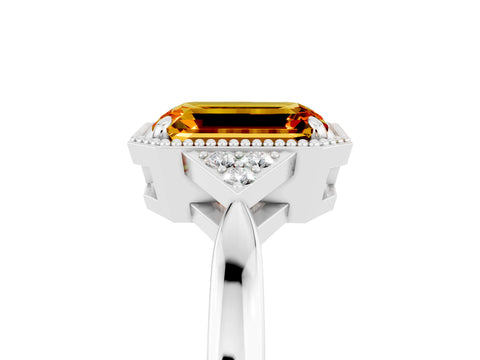 White gold Emerald Cut Citrine Halo Ring with Tapered Band and Four-Prong Setting_5