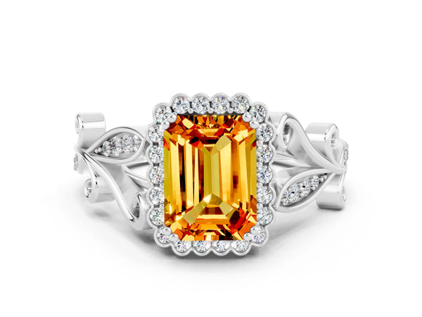 Platinum Emerald Cut Citrine Halo Ring with Vintage Split Shank and Four-Prong Setting