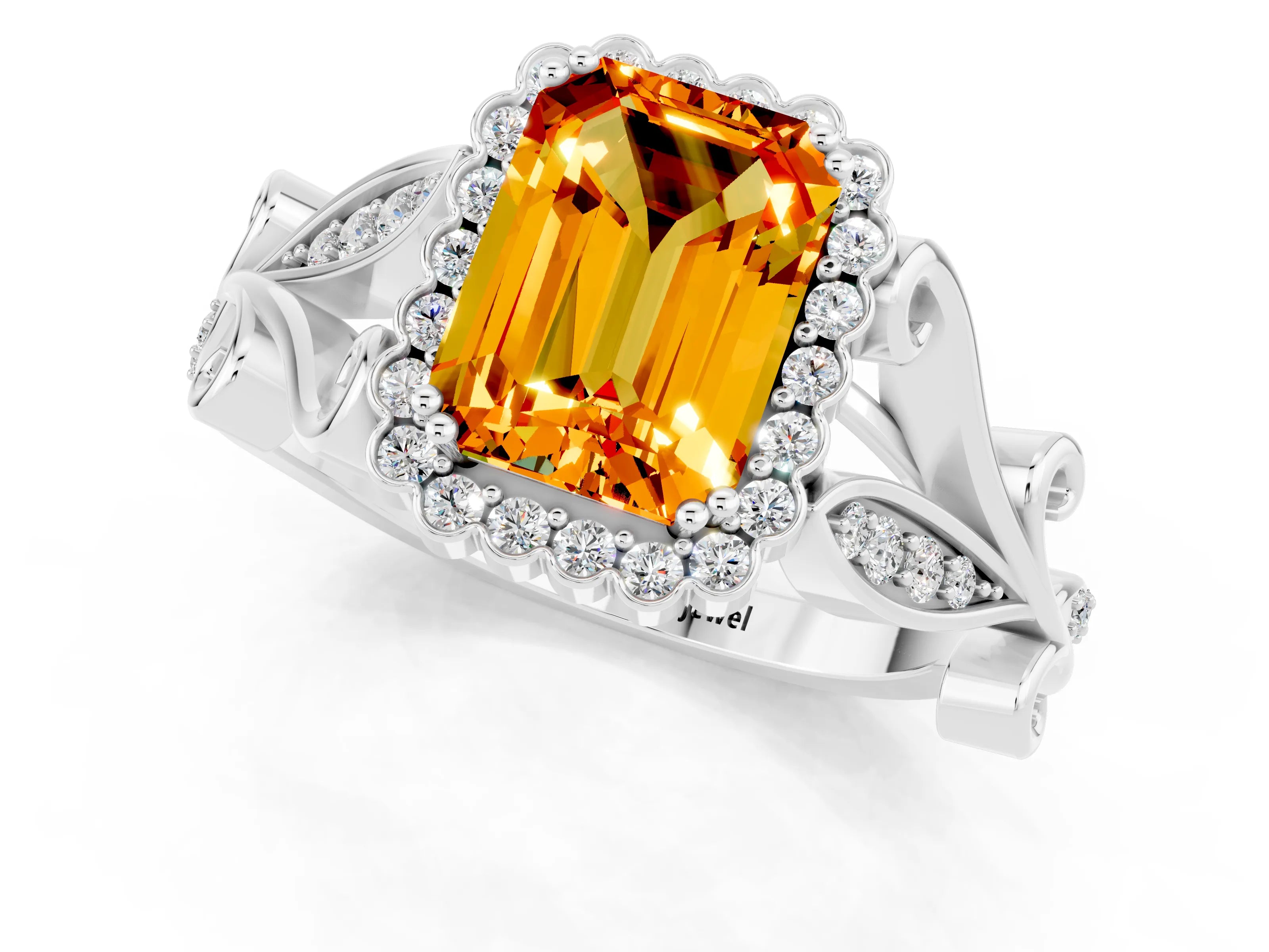 White gold Emerald Cut Citrine Halo Ring with Vintage Split Shank and Four-Prong Setting_25