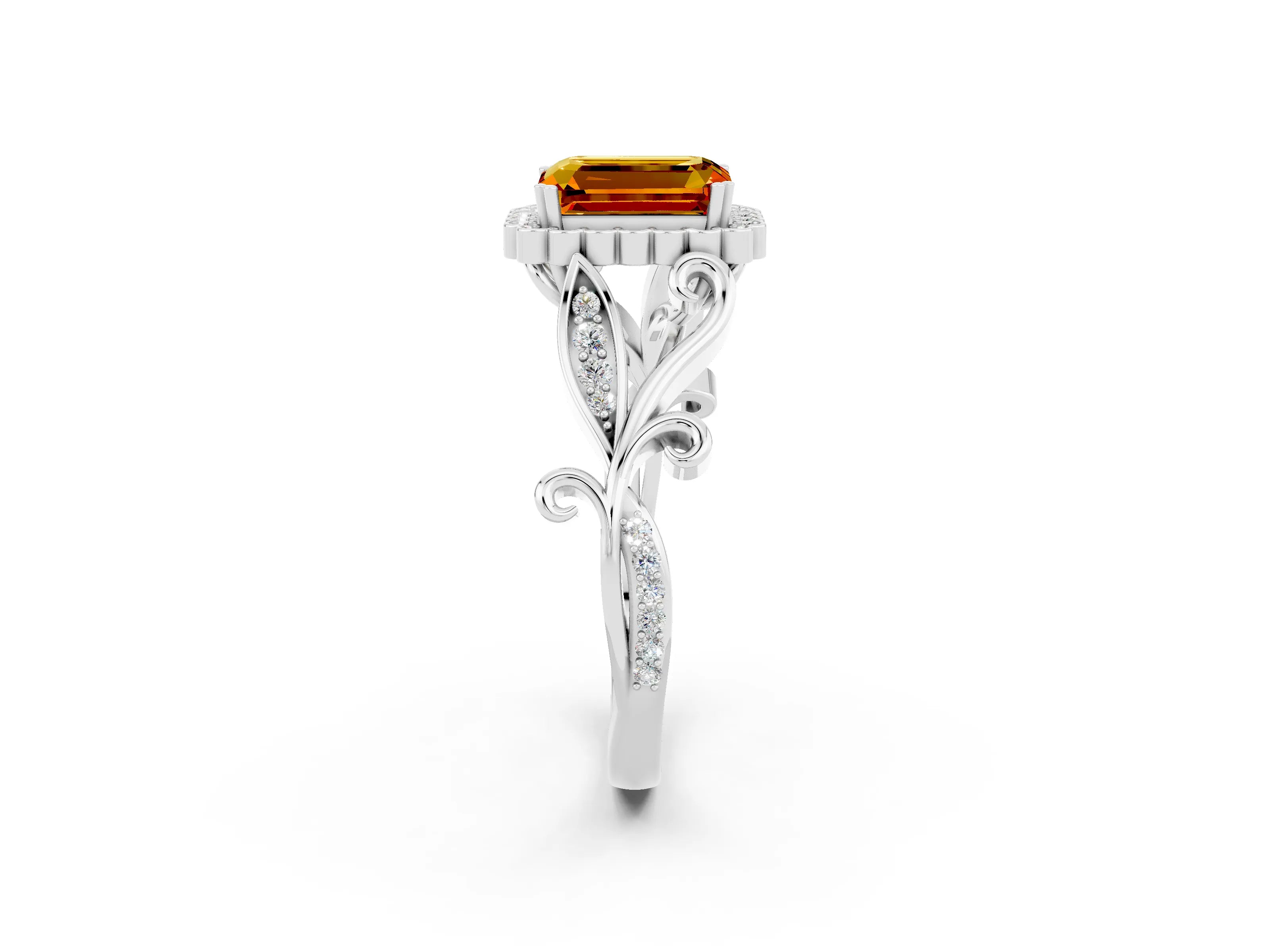 White gold Emerald Cut Citrine Halo Ring with Vintage Split Shank and Four-Prong Setting_26