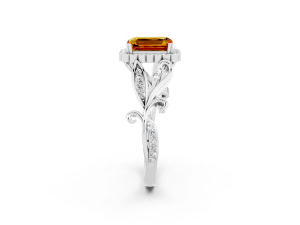 Platinum Emerald Cut Citrine Halo Ring with Vintage Split Shank and Four-Prong Setting