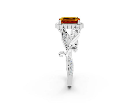 White gold Emerald Cut Citrine Halo Ring with Vintage Split Shank and Four-Prong Setting_26