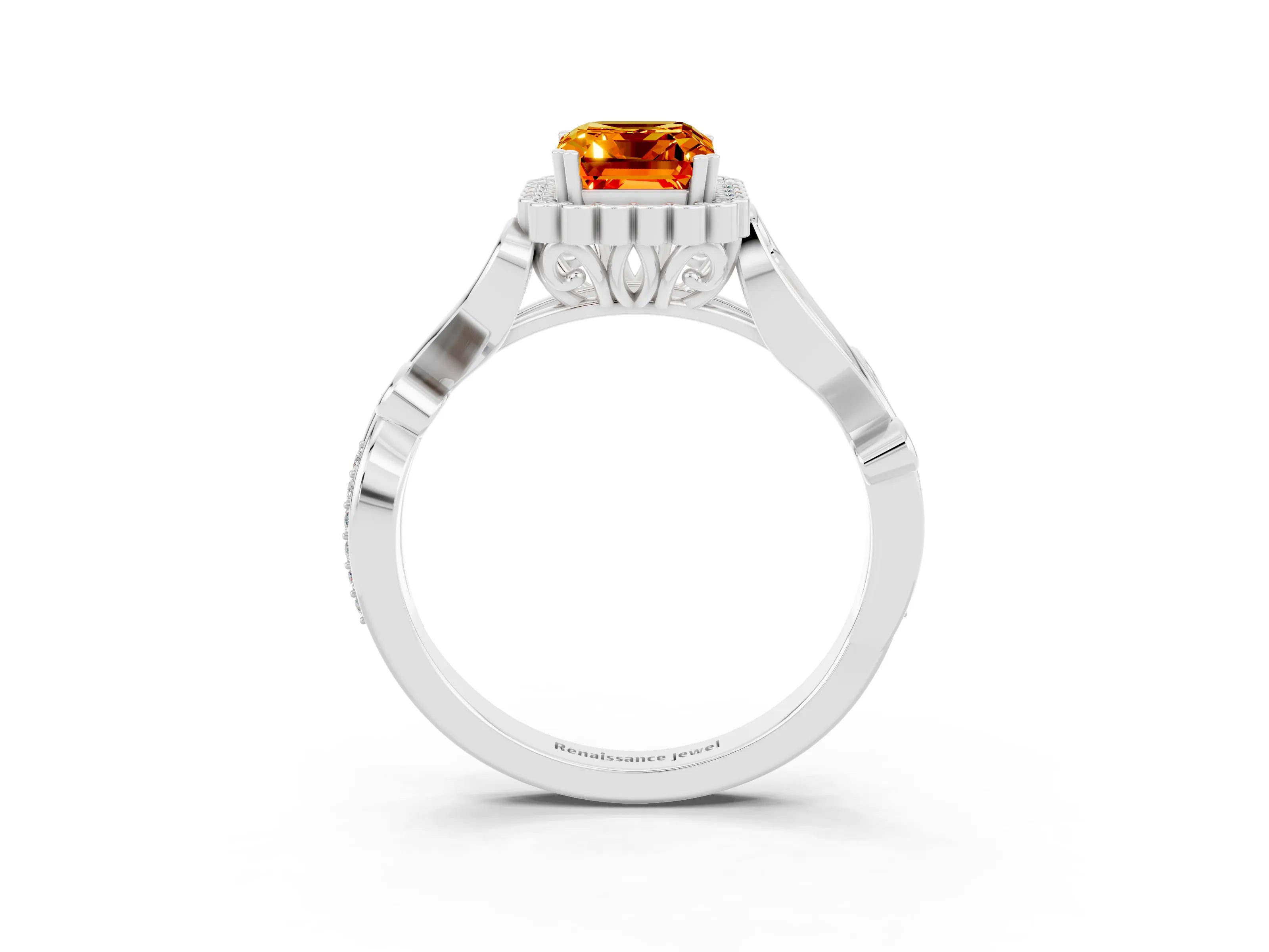 White gold Emerald Cut Citrine Halo Ring with Vintage Split Shank and Four-Prong Setting_27
