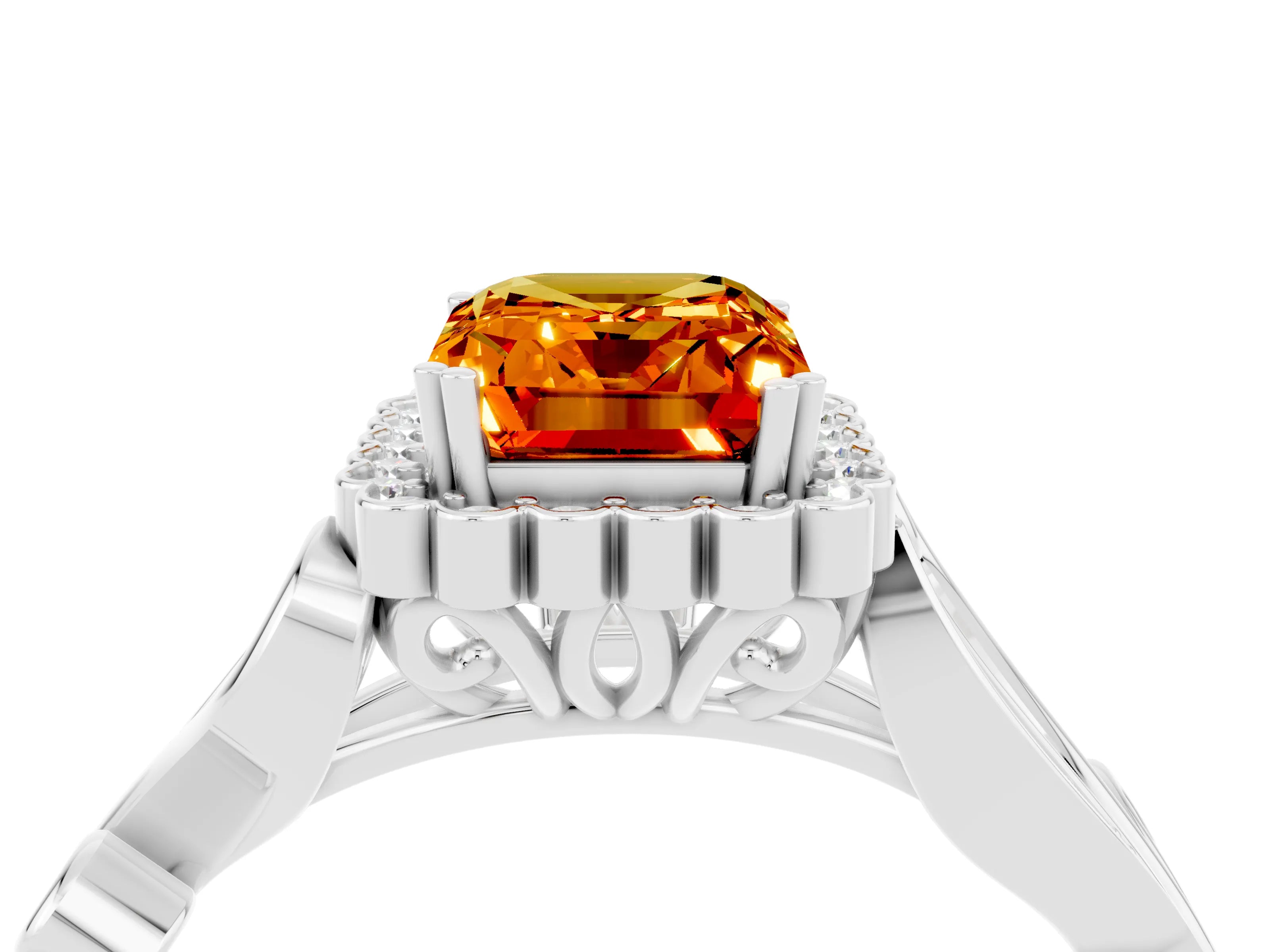 White gold Emerald Cut Citrine Halo Ring with Vintage Split Shank and Four-Prong Setting_28