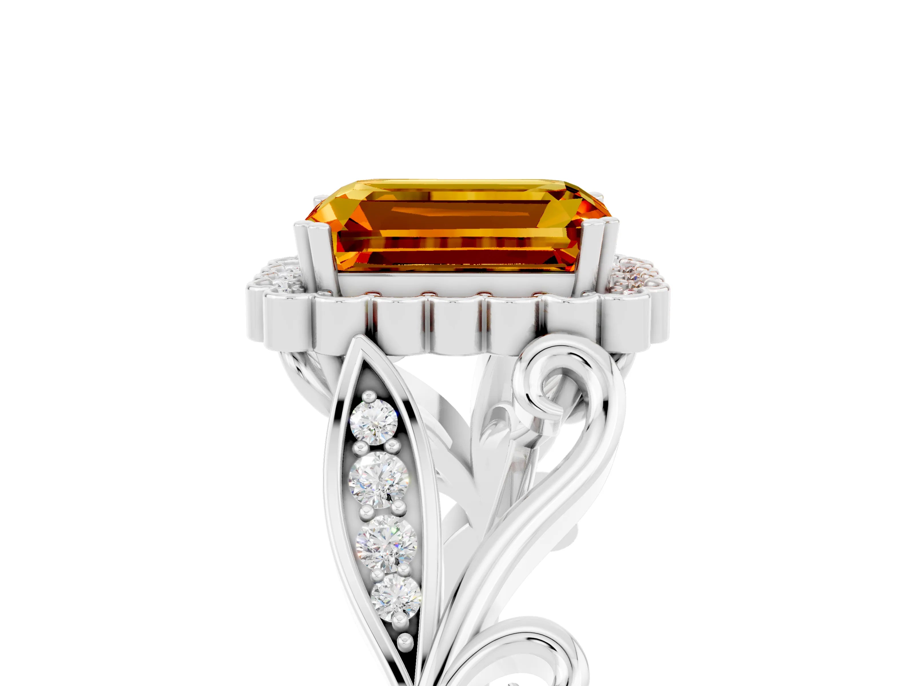 White gold Emerald Cut Citrine Halo Ring with Vintage Split Shank and Four-Prong Setting_29