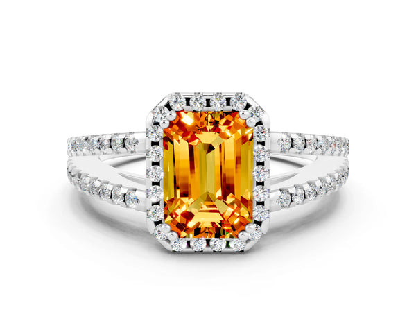 White gold Emerald Cut Citrine Halo Split Shank Engagement Ring
