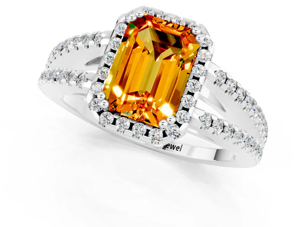 White gold Emerald Cut Citrine Halo Split Shank Engagement Ring