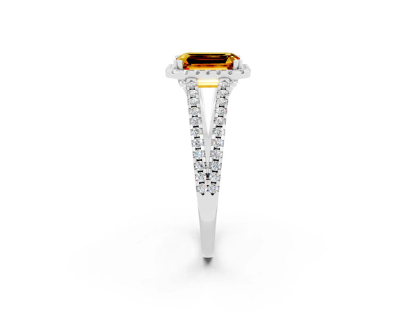 White gold Emerald Cut Citrine Halo Split Shank Engagement Ring