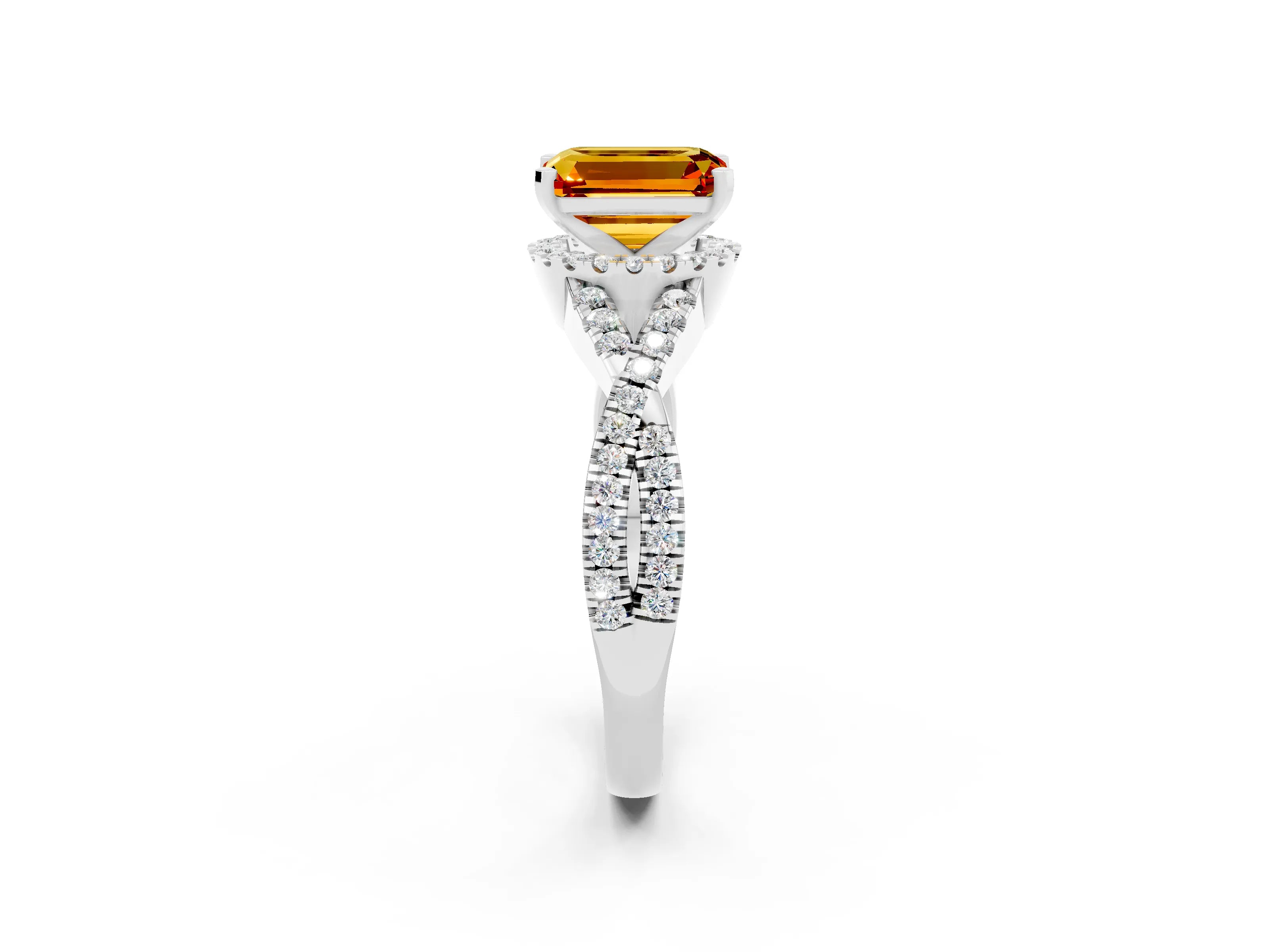 White gold Emerald Cut Citrine Halo Twist Band Solitaire Prong Setting Ring_2