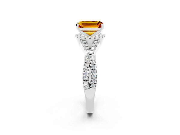 White gold Emerald Cut Citrine  Halo Twist Band Solitaire Prong Setting Ring
