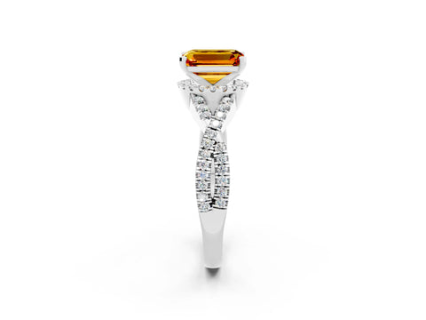 White gold Emerald Cut Citrine Halo Twist Band Solitaire Prong Setting Ring_2