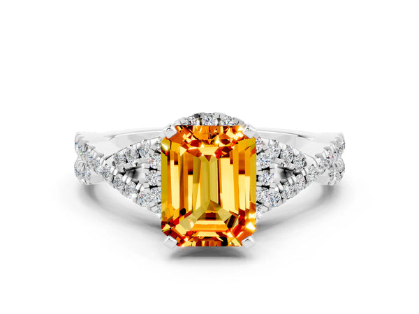 White gold Emerald Cut Citrine  Halo Twist Band Solitaire Prong Setting Ring