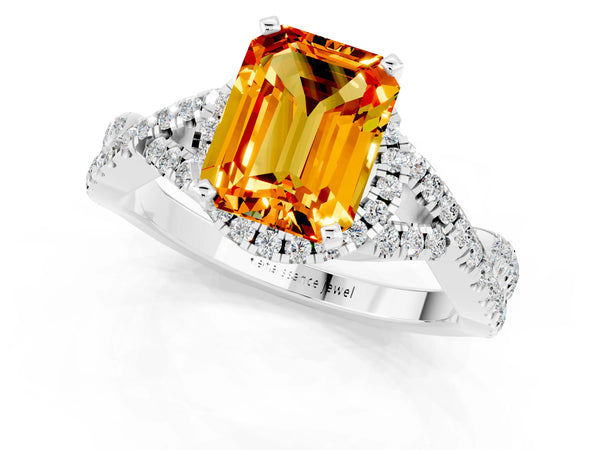 White gold Emerald Cut Citrine  Halo Twist Band Solitaire Prong Setting Ring