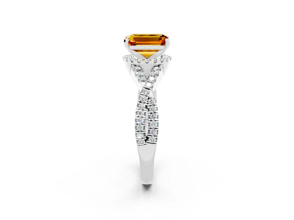 White gold Emerald Cut Citrine  Halo Twist Band Solitaire Prong Setting Ring