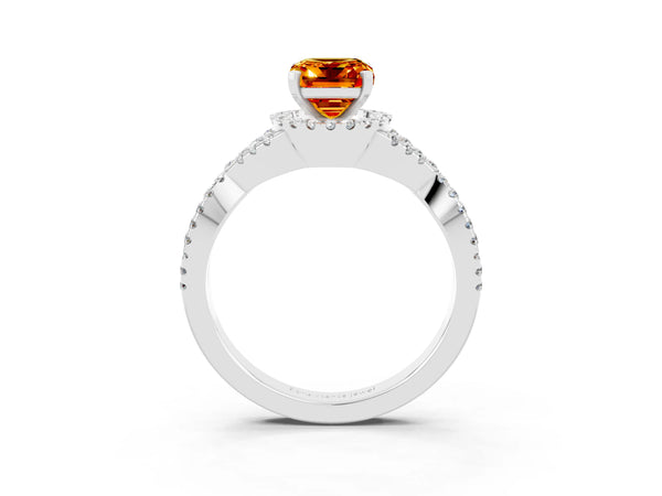 White gold Emerald Cut Citrine  Halo Twist Band Solitaire Prong Setting Ring