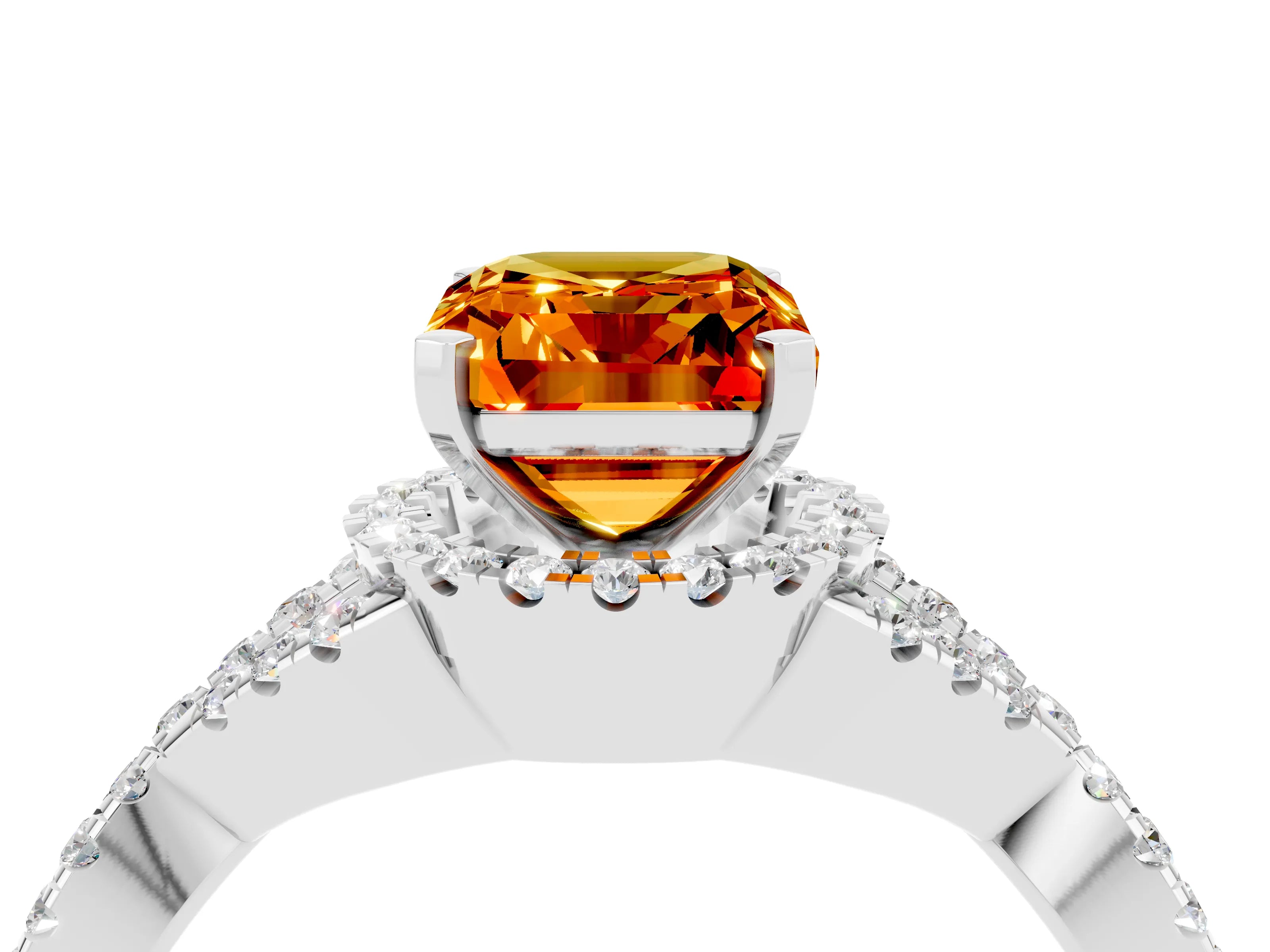 White gold Emerald Cut Citrine Halo Twist Band Solitaire Prong Setting Ring_4