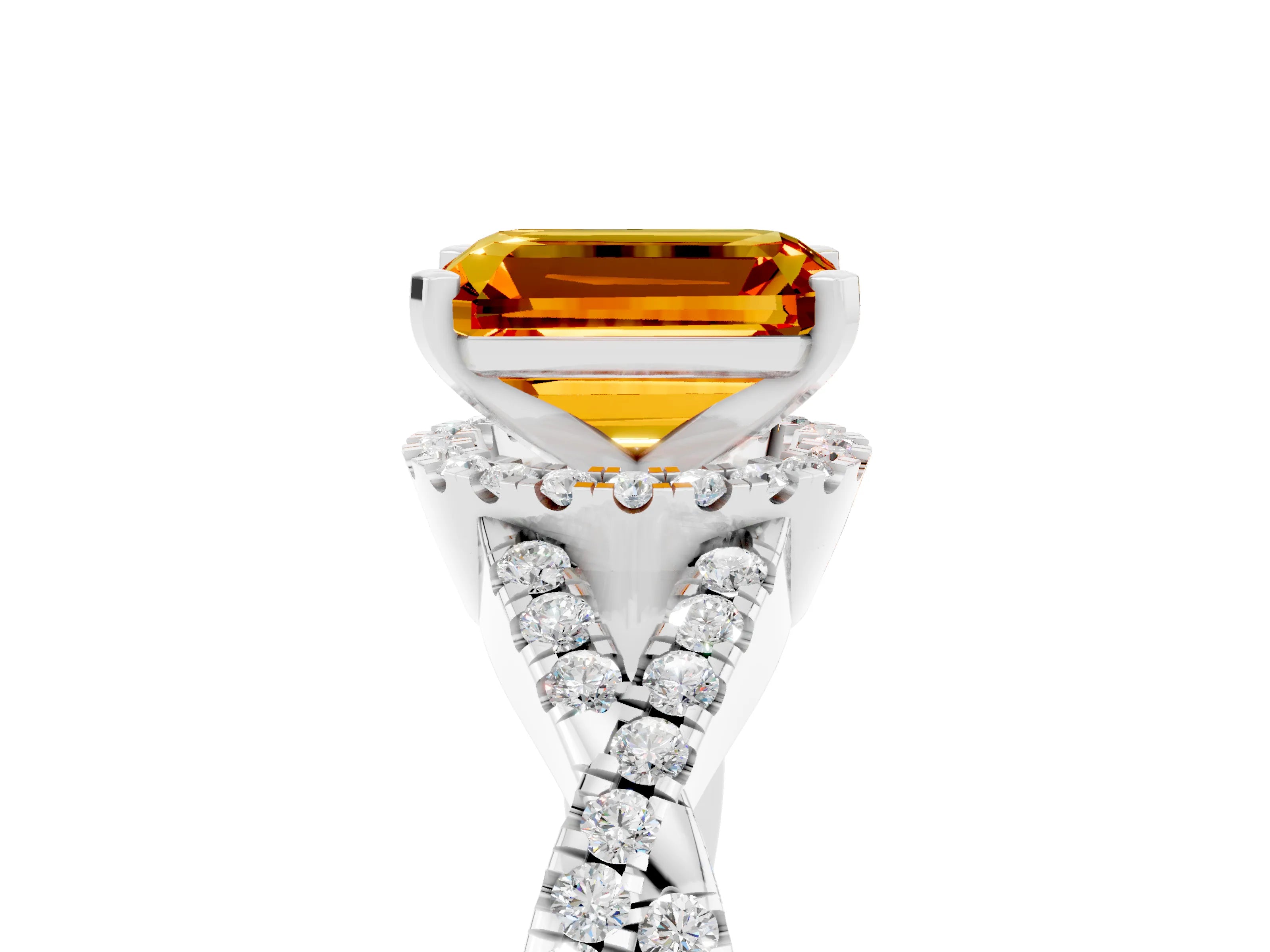 White gold Emerald Cut Citrine Halo Twist Band Solitaire Prong Setting Ring_5