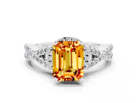 White gold Emerald Cut Citrine Halo Twist Band Solitaire Prong Setting Ring