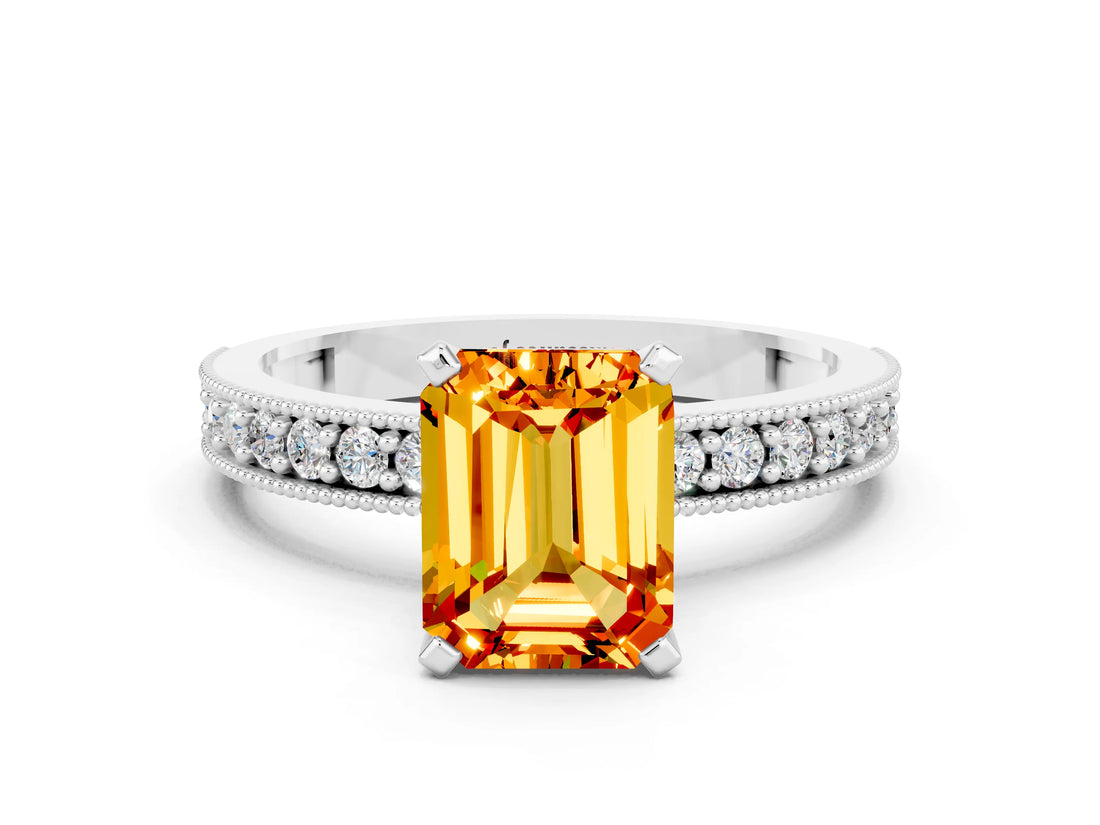 White gold Emerald Cut Citrine Milgrain Pavé Engagement Ring with Four-Prong Setting_12