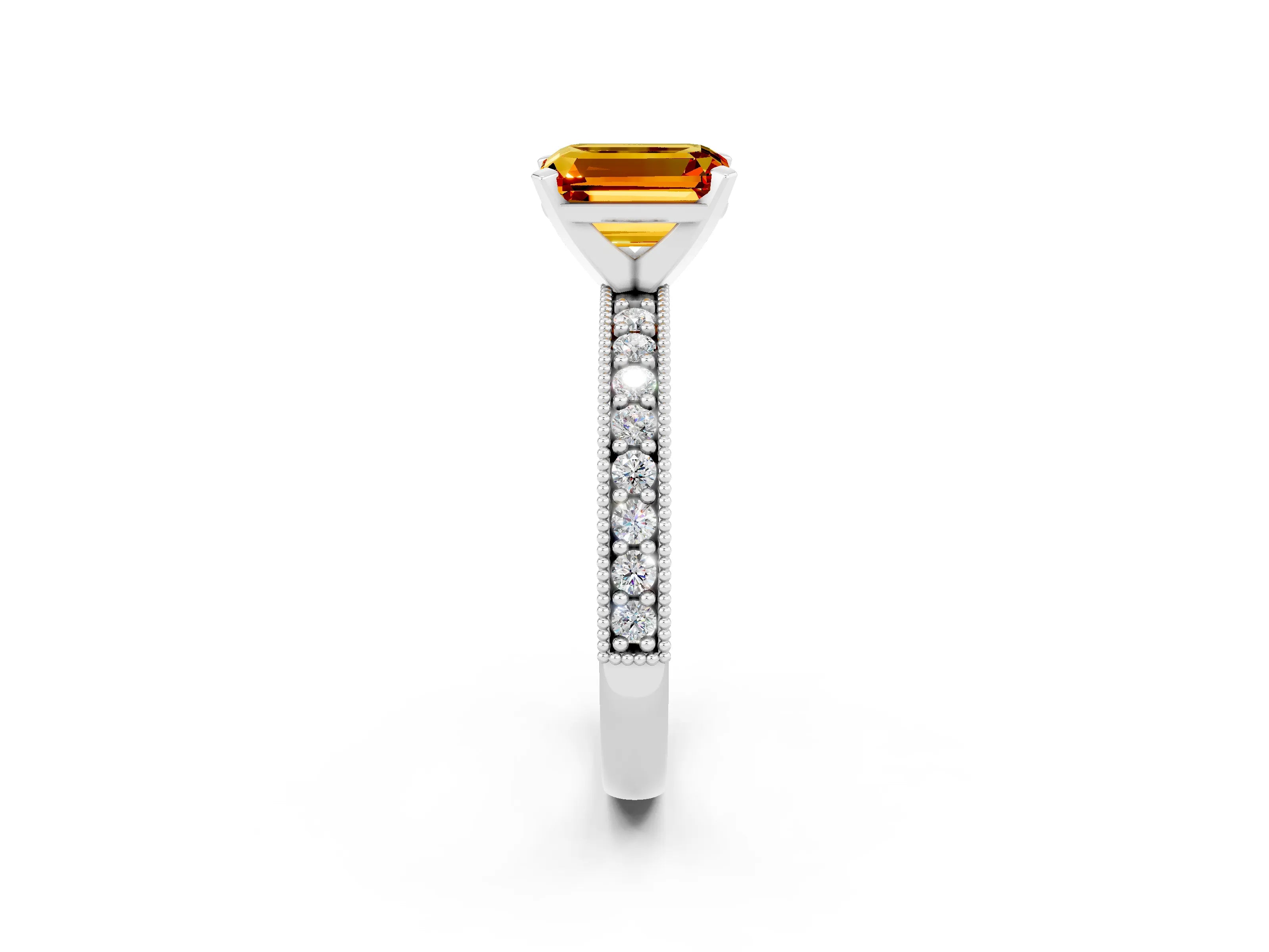 White gold Emerald Cut Citrine Milgrain Pavé Engagement Ring with Four-Prong Setting_14