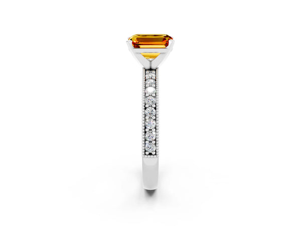 Silver Emerald Cut Citrine Milgrain Pavé Engagement Ring with Four-Prong Setting