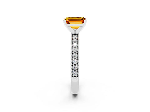 White gold Emerald Cut Citrine Milgrain Pavé Engagement Ring with Four-Prong Setting_14