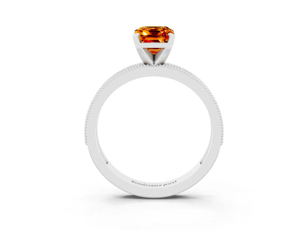 White gold Emerald Cut Citrine Milgrain Pavé Engagement Ring with Four-Prong Setting