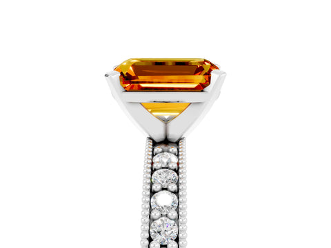 White gold Emerald Cut Citrine Milgrain Pavé Engagement Ring with Four-Prong Setting_17