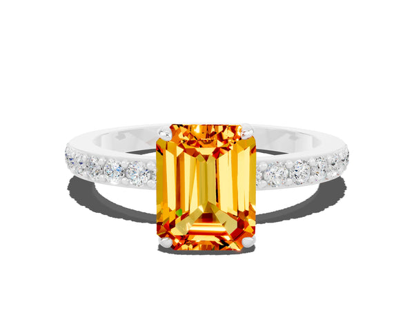 Platinum Emerald Cut Citrine Pavé Engagement Ring with Round  Accents and Prong Setting