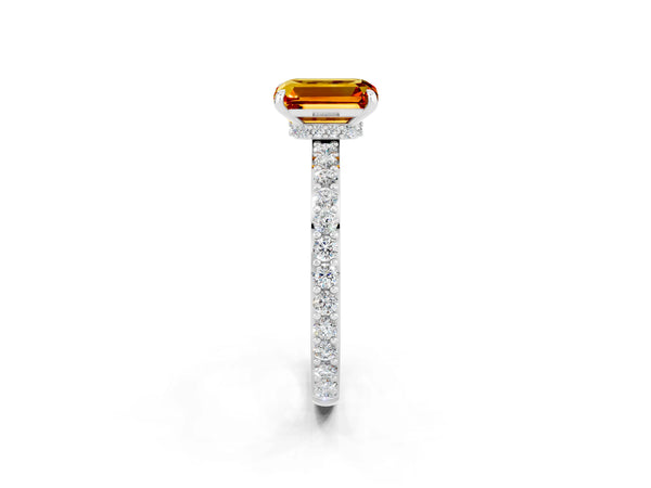 Platinum Emerald Cut Citrine Pavé Engagement Ring with Round  Accents and Prong Setting