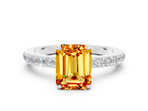 White gold Emerald Cut Citrine Pavé Engagement Ring with Round  Accents and Prong Setting_24