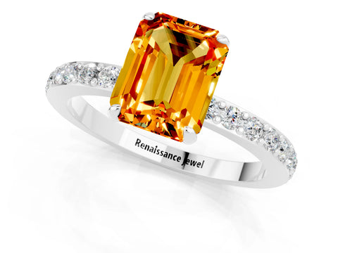White gold Emerald Cut Citrine Pavé Engagement Ring with Round  Accents and Prong Setting_25