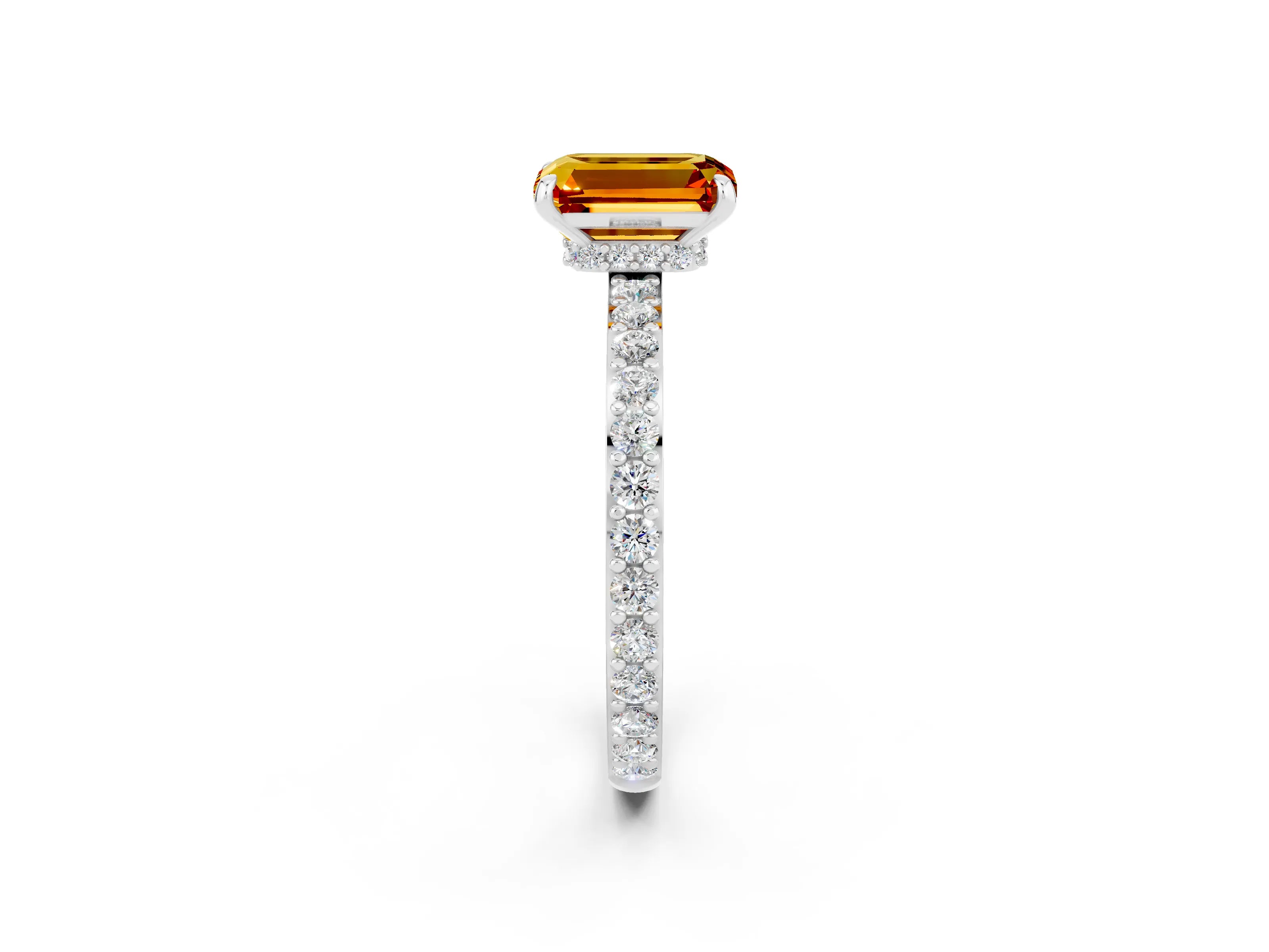 White gold Emerald Cut Citrine Pavé Engagement Ring with Round  Accents and Prong Setting_26