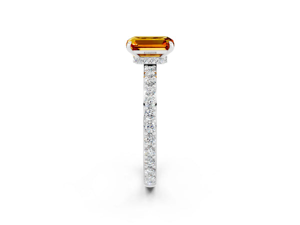 White gold Emerald Cut Citrine Pavé Engagement Ring with Round  Accents and Prong Setting