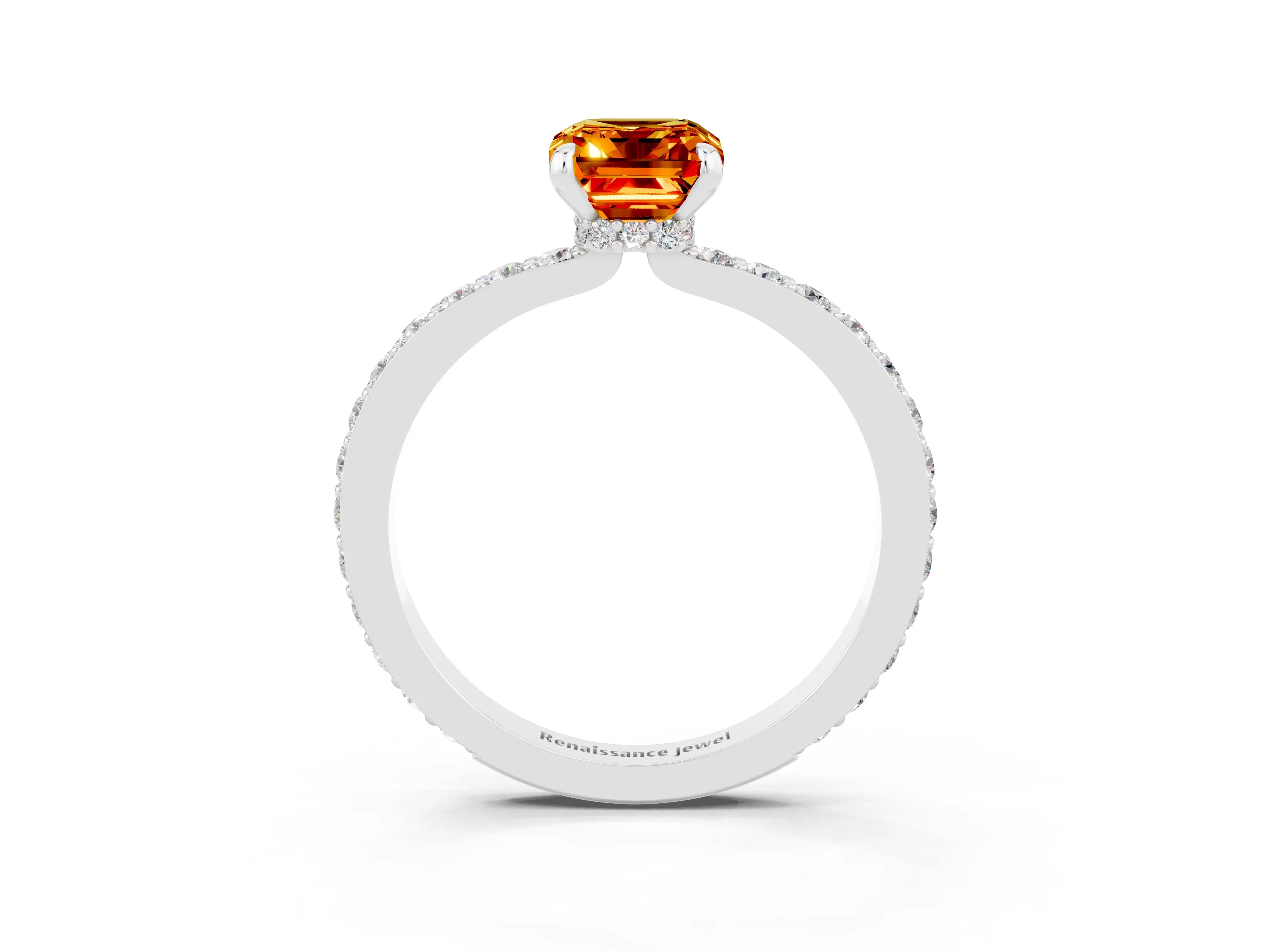 White gold Emerald Cut Citrine Pavé Engagement Ring with Round  Accents and Prong Setting_27