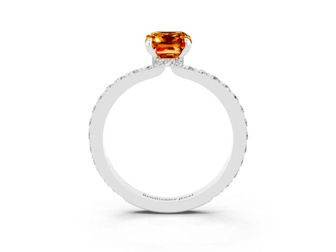 White gold Emerald Cut Citrine Pavé Engagement Ring with Round  Accents and Prong Setting_27