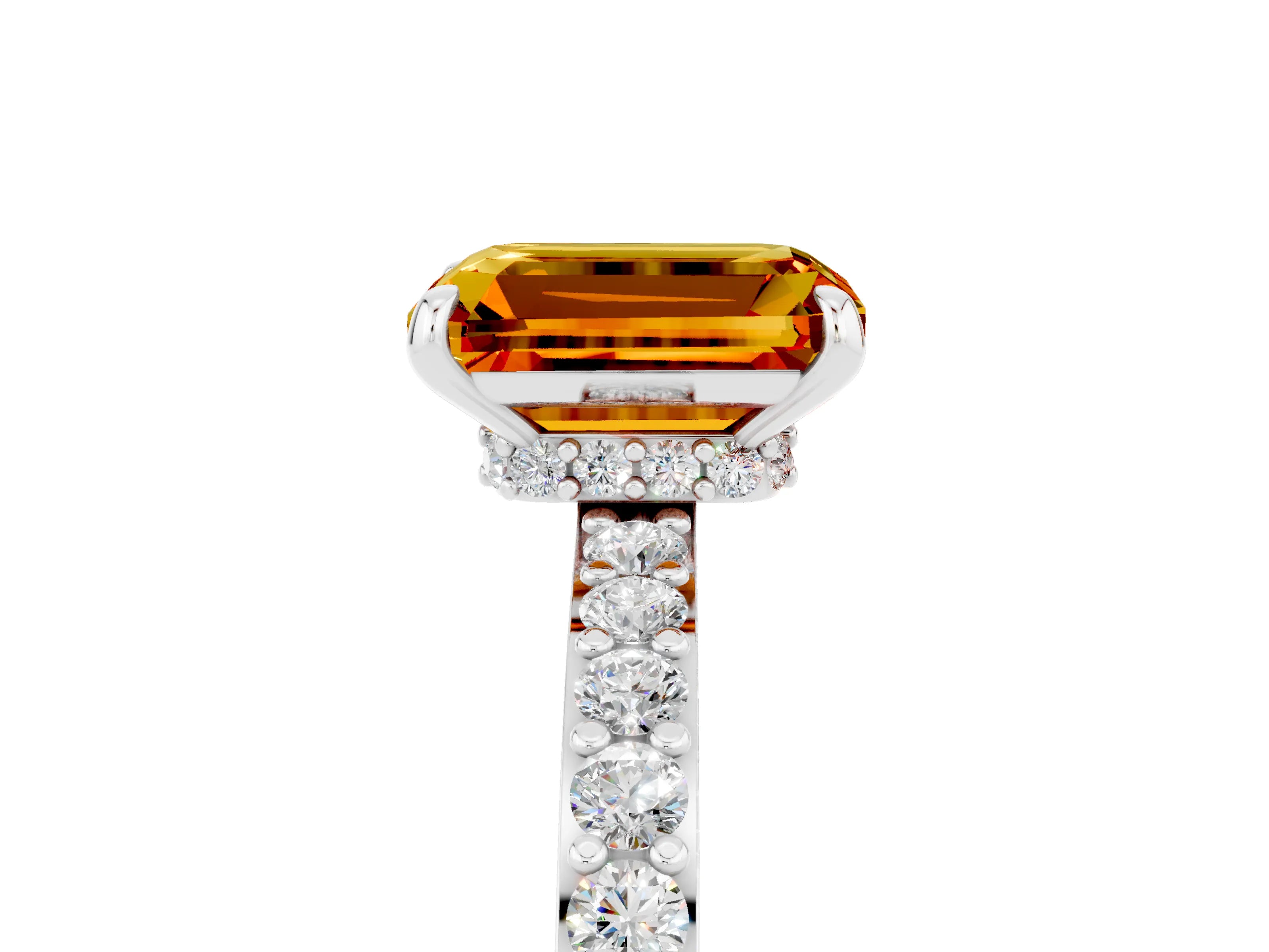 White gold Emerald Cut Citrine Pavé Engagement Ring with Round  Accents and Prong Setting_29