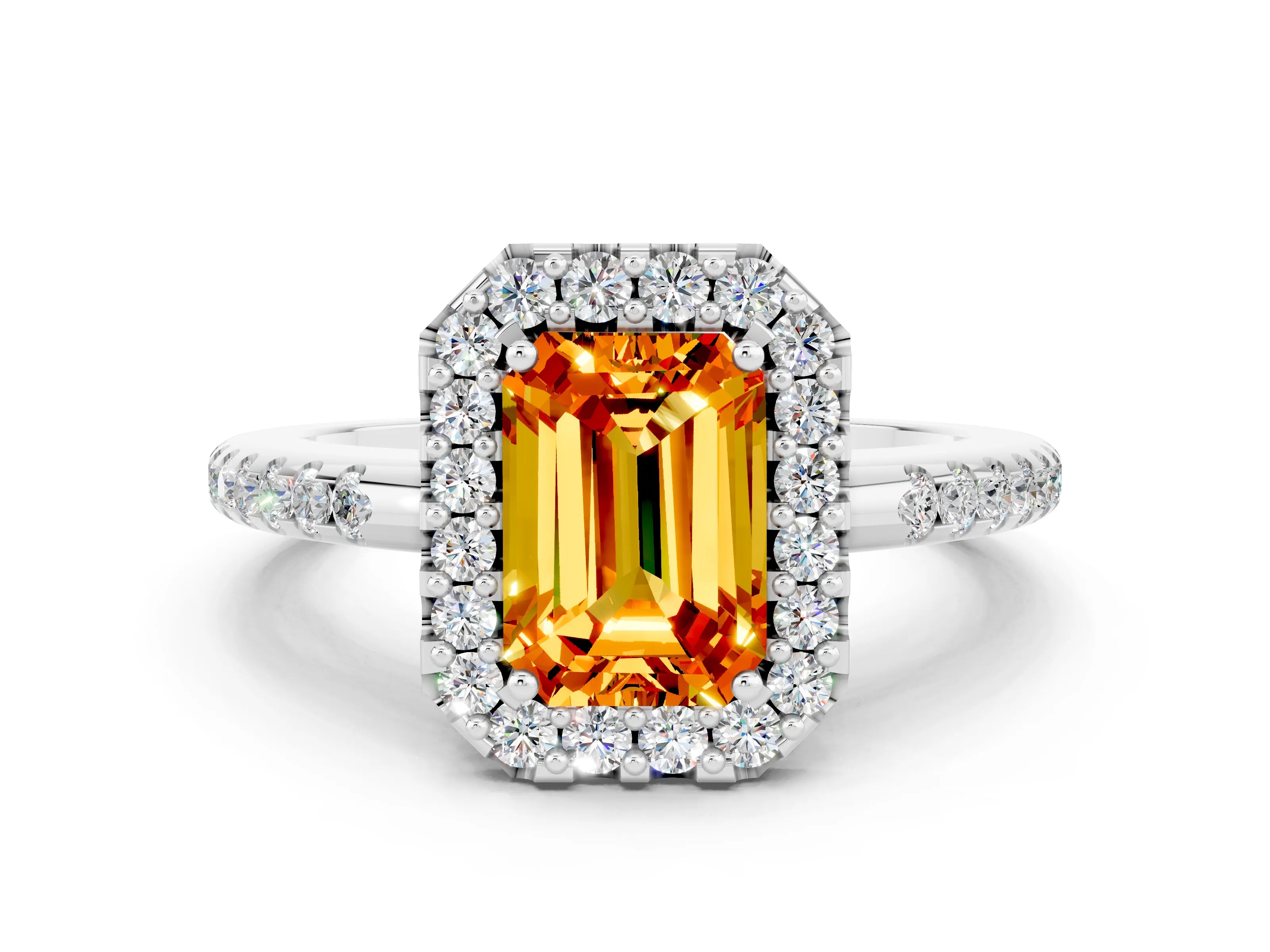 White gold Emerald Cut Citrine Pavé Halo Ring with Four-Prong Setting_12