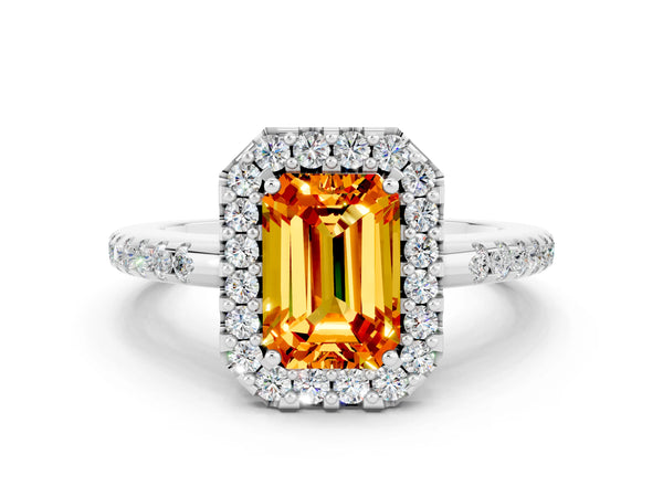 White gold Emerald Cut Citrine Pavé Halo Ring with Four-Prong Setting